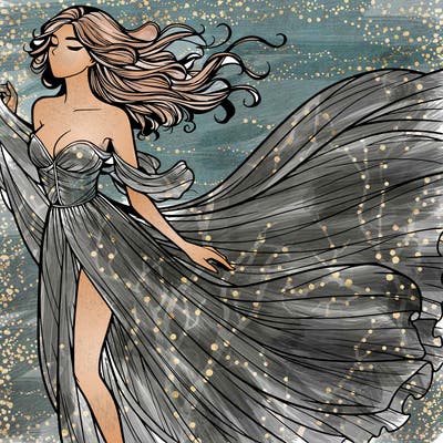 realistic woman in dress flowing the the wind