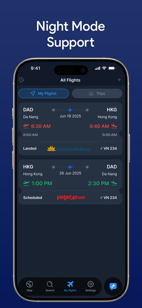 Flight Tracker · Live Radar 24 - Interface de l'application Flight Tracker en mode nuit montrant les horaires et le statut des vols