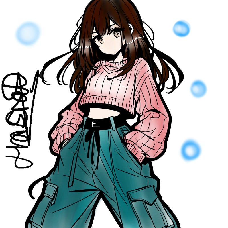 anime teen girl with baggy pants and crop top with sweater