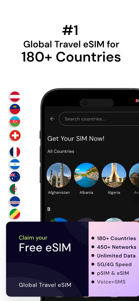 ZetSIM: Travel eSIM & Internet - ZetSIM mobile app interface for global travel eSIM with coverage in 180 countries