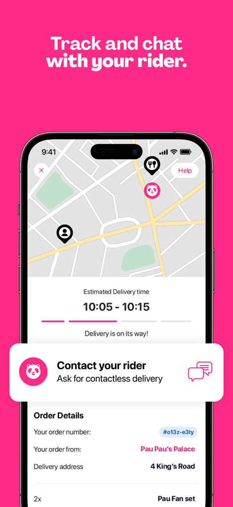 Screenshot of foodpanda app showing real time rider location on a map and delivery details
