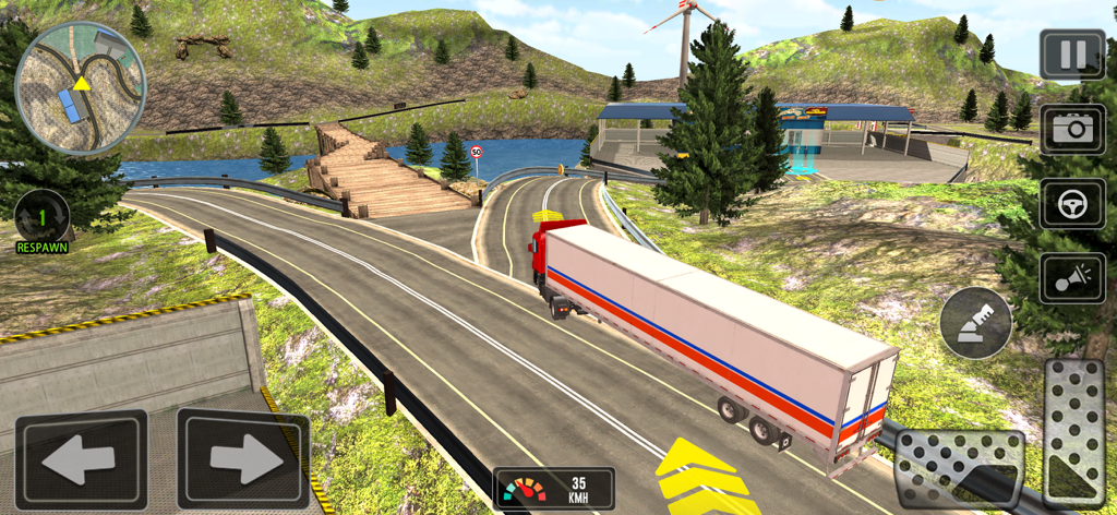 Truck Simulator: Truck Games - Un camión semirremolque conduciendo por una sinuosa carretera de montaña en un juego simulador de camiones