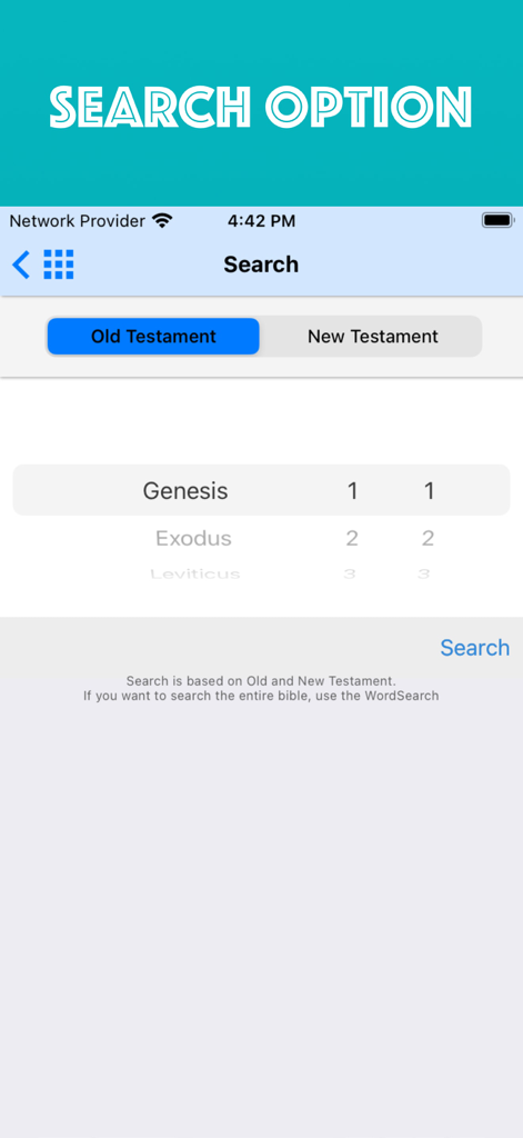 Holy Bible Offline iPhone - Una pantalla de búsqueda en la aplicación Santa Biblia que muestra opciones para el Antiguo y Nuevo Testamento con una lista de libros como Génesis y Éxodo.
