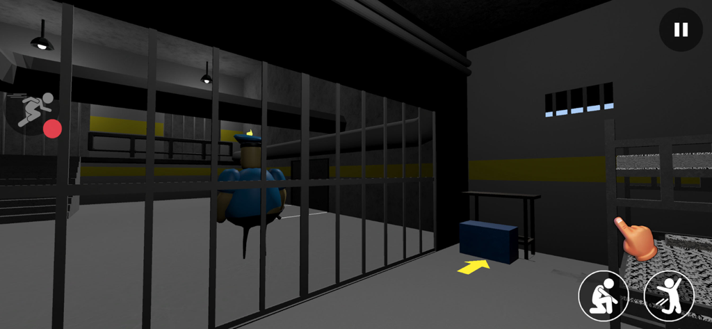 Una captura de pantalla de Barry's Prison Run que muestra una celda de prisión y un personaje de guardia.