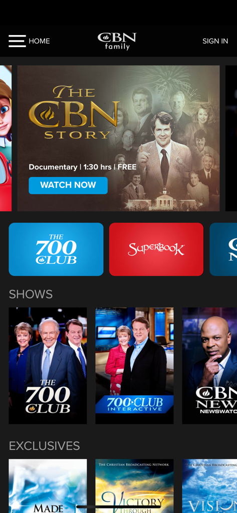CBN Family - Videos and News - CBN Family app interface showing Christian shows like The 700 Club and Superbook