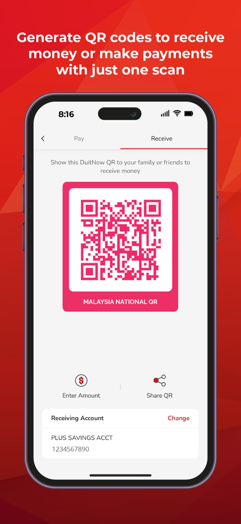 MyPB by Public Bank - Smartphone screen showing the MyPB app DuitNow QR code interface for receiving money.