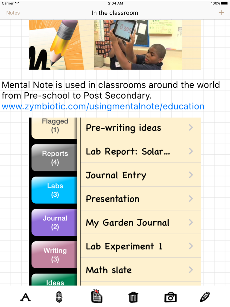 Oberfläche von Mental Note für iPad, die Notizorganisation mit bunten Tabs für die Nutzung im Klassenzimmer zeigt, einschließlich Laborberichten und Tagebüchern.