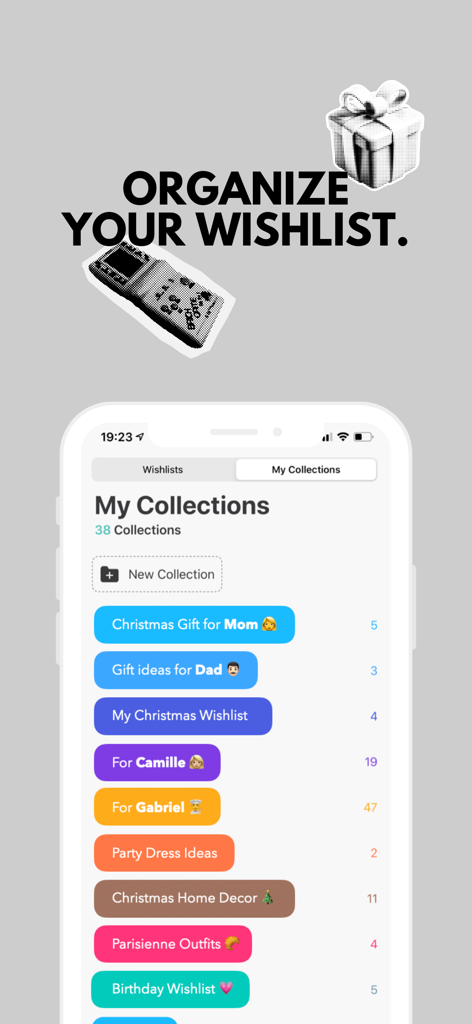 WISHUPON - Shopping Wishlist - WISHUPON app screen showing organized shopping collections and gift registries for different occasions