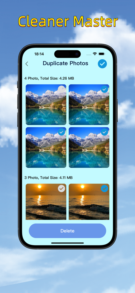Interfaz de la aplicación Cleaner Master que muestra grupos de fotos duplicadas seleccionadas para su eliminación en un iPhone