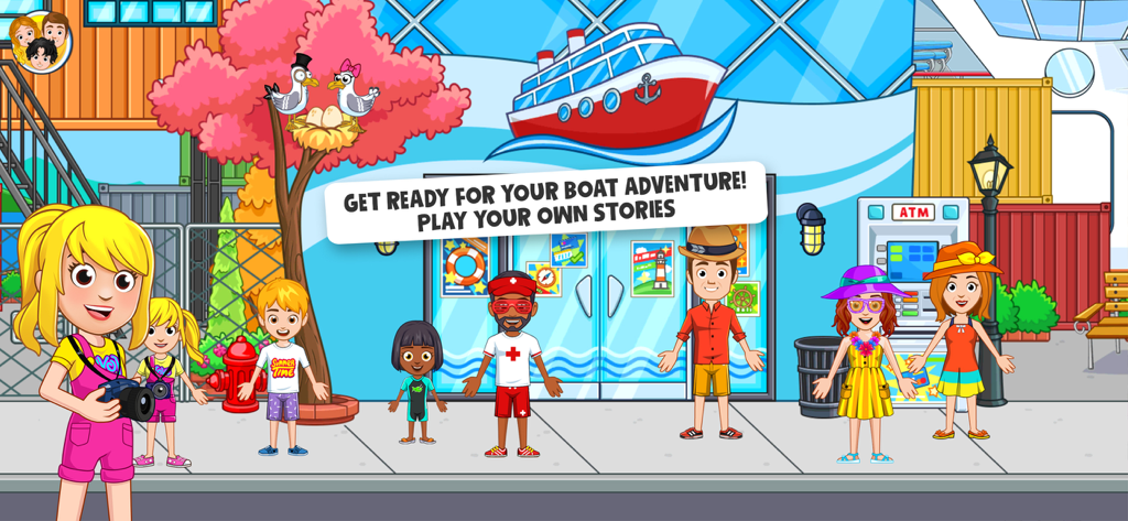 Diverse cartoon characters standing in front of a port terminal with a cruise ship graphic.