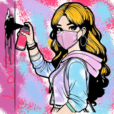 realistic girl with mask spray painting a wall