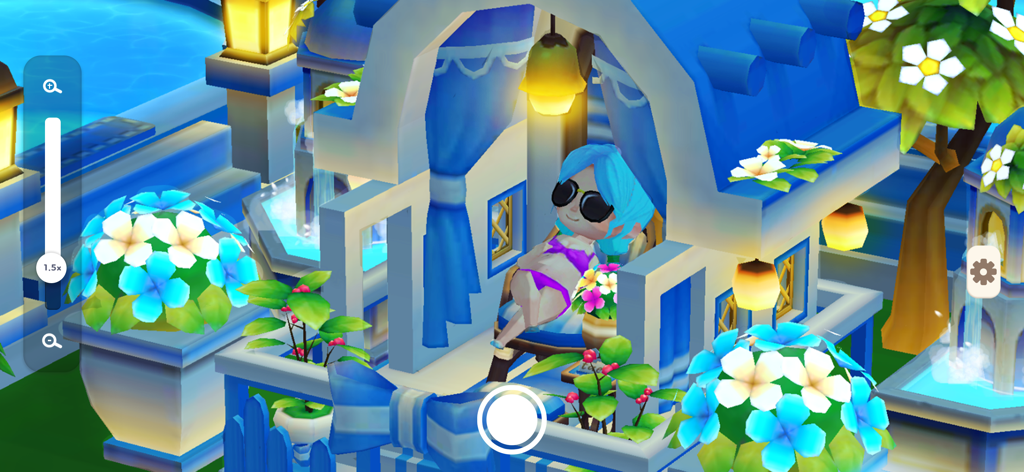 My Little Paradise: Island Sim - Un personaje con cabello azul y gafas de sol relajándose en un lujoso stand de resort en una isla tropical