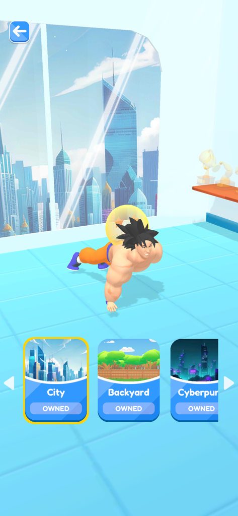 A muscular character performing one arm pushups in the City level of the Idle Push Up mobile game