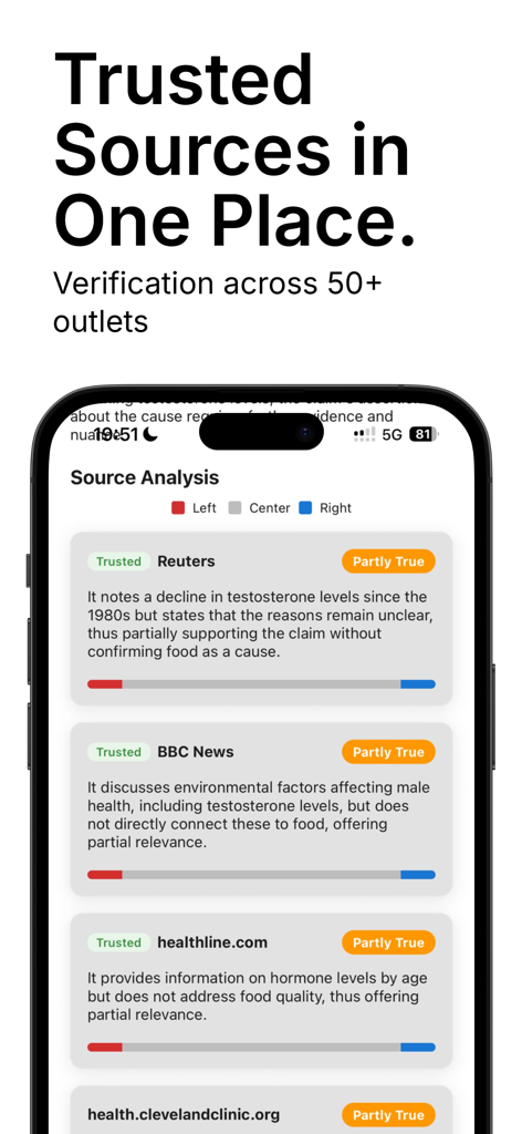 La pantalla de la App Verificador de Hechos IA que muestra análisis de fuentes e indicadores de sesgo político de medios confiables como Reuters y BBC News