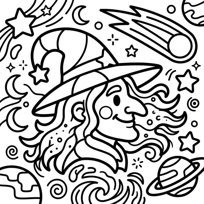 Introduce your little one to the wonders of space with this adorable Witch Head Nebula coloring page. Featuring a friendly witch and chunky cosmic shapes, it's perfect for developing motor skills and sparking imagination.