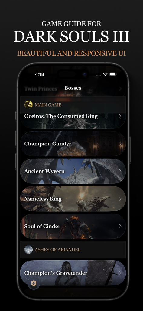Game Guide for Dark Souls III - Mobile app screen showing a list of Dark Souls III bosses with custom artwork
