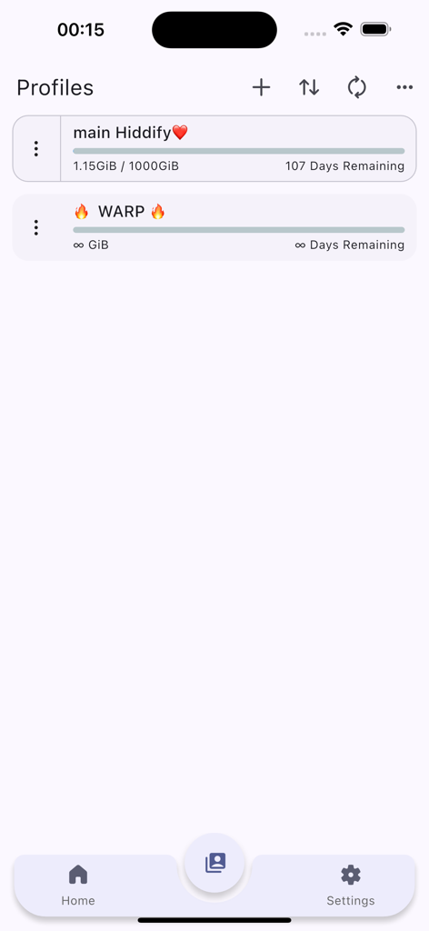 Interface do aplicativo Hiddify VPN mostrando perfis de conexão e rastreamento de uso de dados