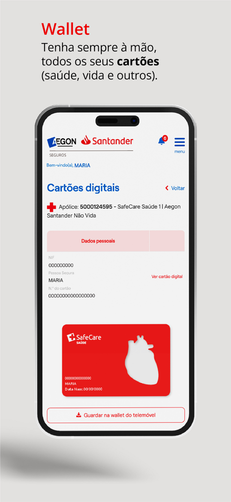 Digital wallet screen in the MyAegonSantander app showing a red health insurance card