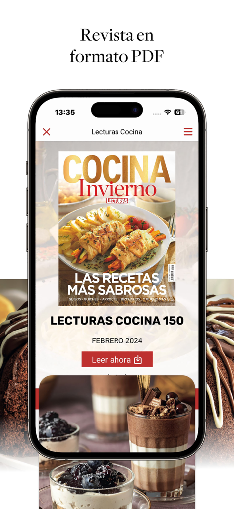 App Lecturas Cocina mostrando la portada de una revista de cocina en formato PDF.