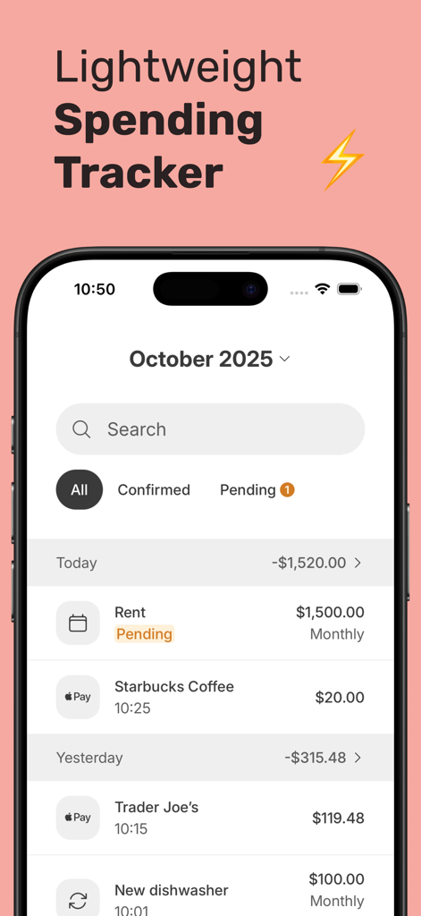 Spending Tracker – Bux - Lightweight spending tracker app interface showing daily transactions and Apple Pay history.