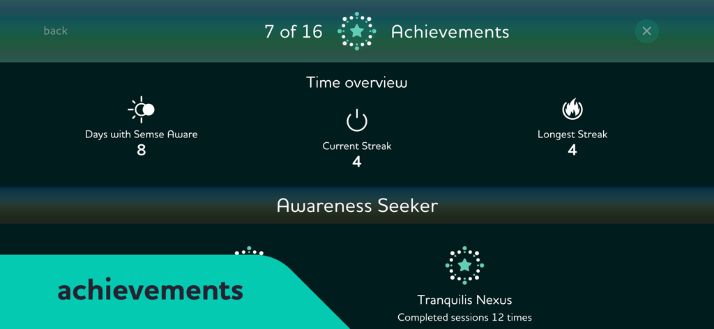 Semse Aware: Be Present Now - Tela do aplicativo Semse Aware exibindo conquistas de meditação, sequência atual e progresso da sessão.