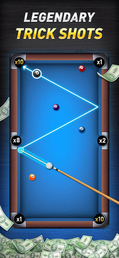 Pool Cash - 8 Ball Game - A mobile billiard game screen showing a complex trick shot path on a blue pool table with cash reward multipliers.