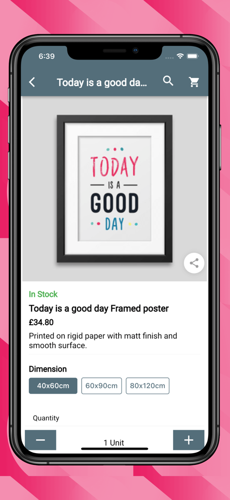 Interfaz de la página de detalles del producto en la demostración de la aplicación móvil PrestaShop que muestra un póster enmarcado con opciones de tamaño y cantidad
