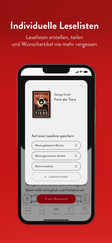 Uno smartphone che mostra l'interfaccia dell'app Hugendubel per creare e gestire liste di lettura di libri personalizzate.