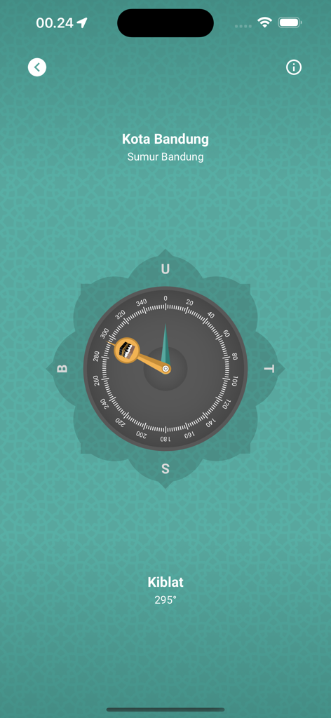 Islampedia - Digital Qibla compass screen in the Islampedia app showing direction to the Kaaba