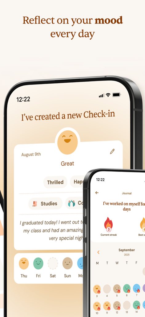 Yana: Your emotional companion - Yana-App-Oberfläche, die tägliche Stimmungs-Check-ins und ein emotionales Tagebuch mit Habit-Streaks zeigt