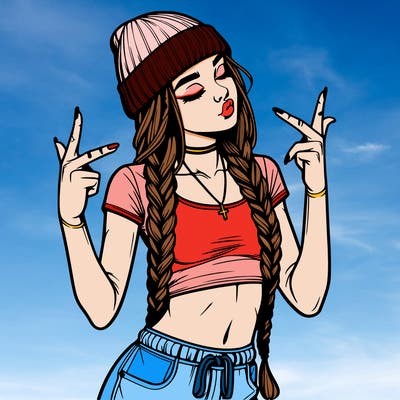 realistic teenage girl with braids and a beanie and crop top doing 🫶🏼