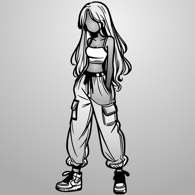 girl in baggy pants crop top and long hair