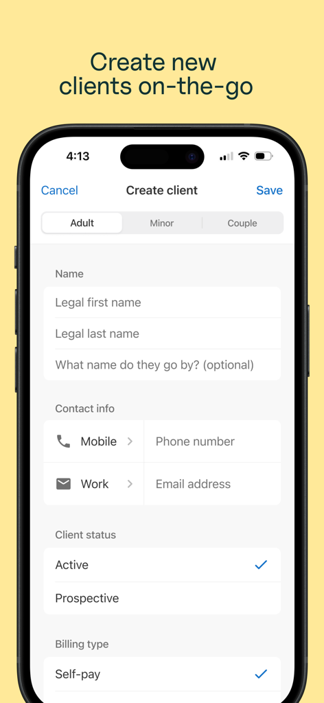 Interface of SimplePractice for Clinicians app showing a form to create a new client profile on a mobile device