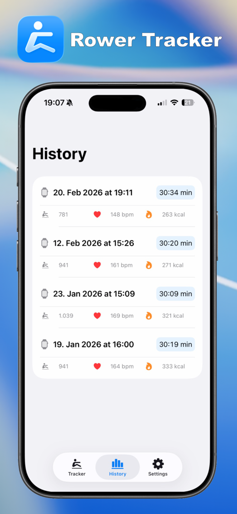 Rower Tracker - Workout history screen in Rower Tracker app displaying rowing sessions with heart rate and calorie data