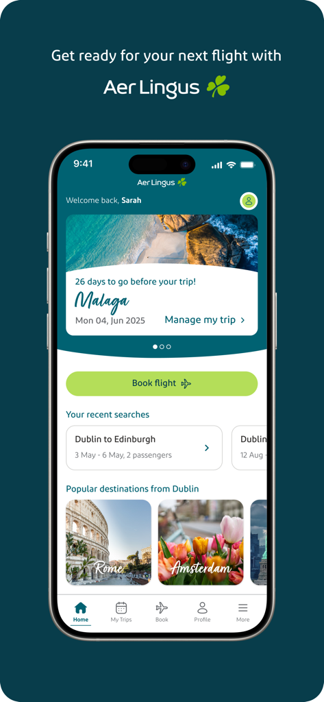 Aer Lingus mobile app home screen displaying flight booking and trip management