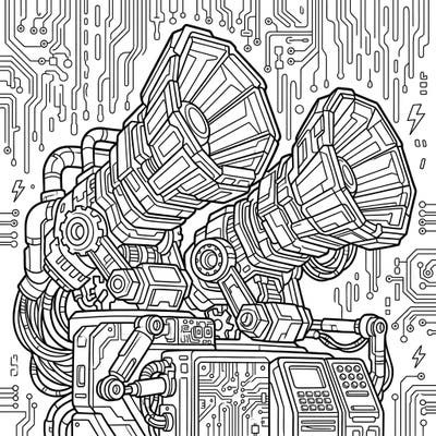 Explore a unique blend of vintage signaling and futuristic tech with this intricate cyberpunk fog horns coloring page. Featuring detailed machinery and circuit board backgrounds, it's a perfect challenge for sci-fi art enthusiasts.