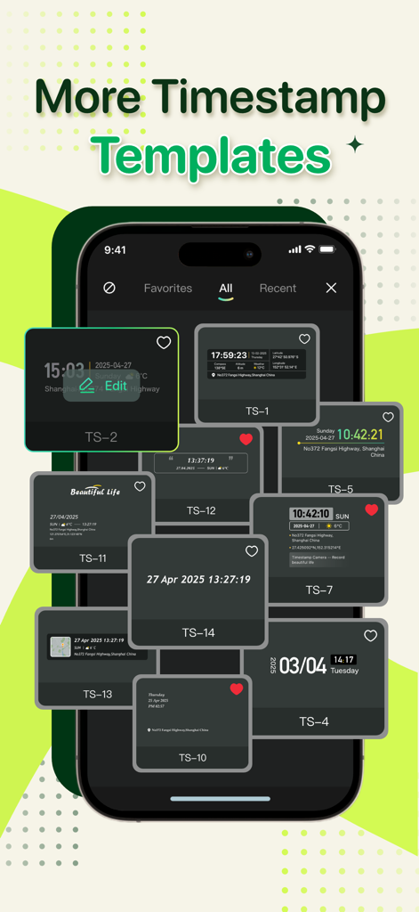 Interface of the Timestamp Camera app showing a collection of different timestamp template styles including date time and GPS coordinates