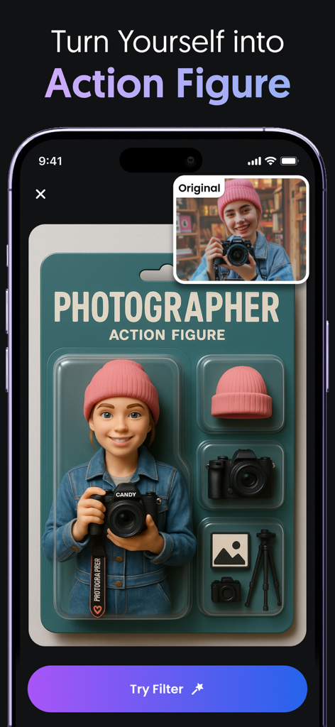 Mobile app interface showing the AI action figure filter feature turning a photographer into a toy