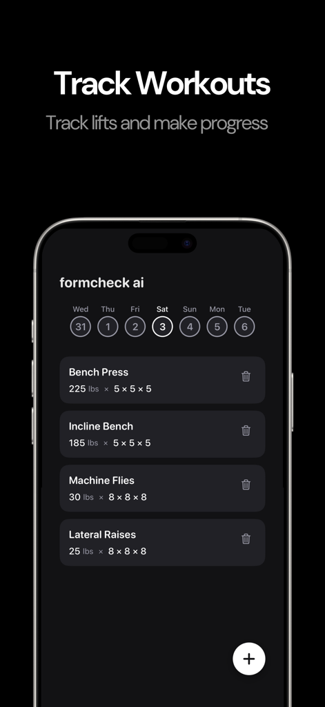 FormCheck AI app interface displaying a list of tracked exercises including bench press and lateral raises