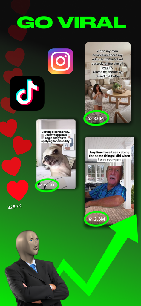 Promotional graphic for Green Screen Memes Maker showing viral video examples for TikTok and Instagram with high view counts.