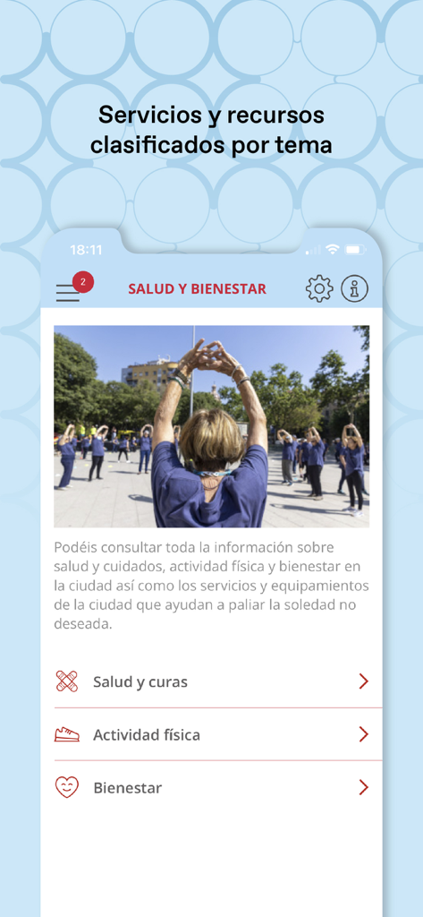 BCN+65 - 신체 활동 및 시니어 케어를 위한 리소스를 제공하는 BCN+65 앱의 건강 및 웰빙 섹션.