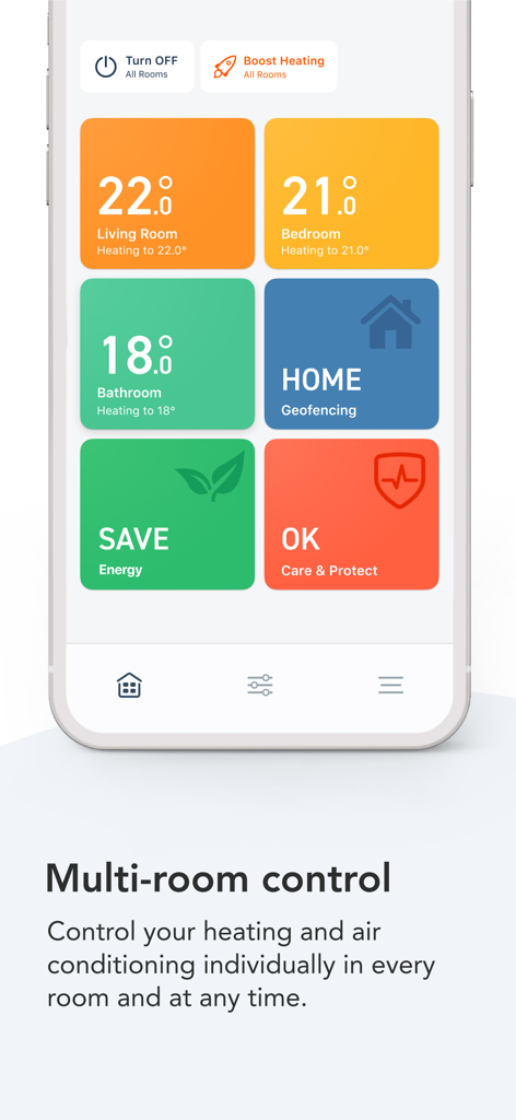 tado° - Tado app interface showing multi room temperature settings and energy saving features on a smartphone screen