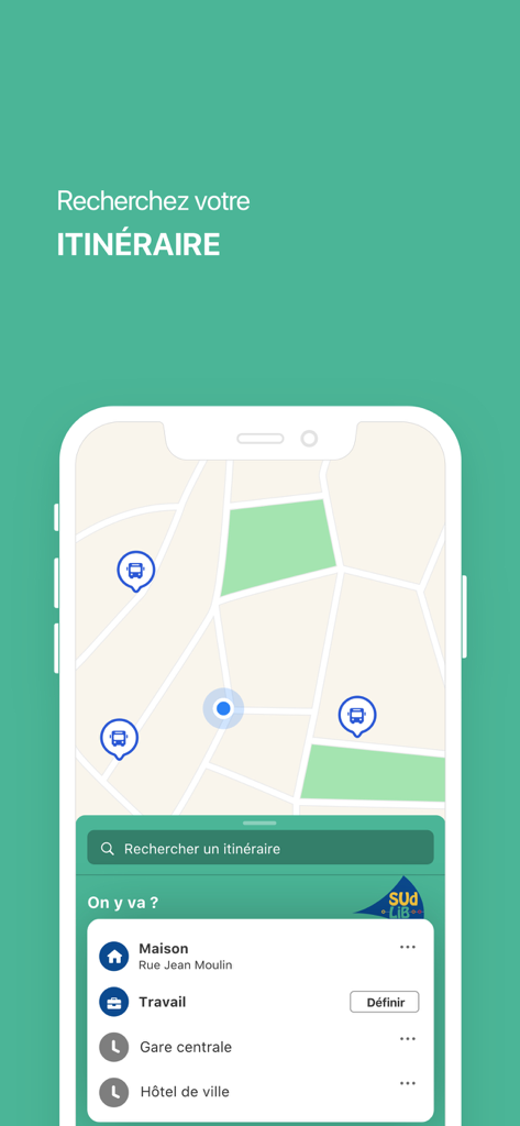 SudLib - SudLib app interface showing a transit map and favorite destinations like home and work for route planning in Martinique