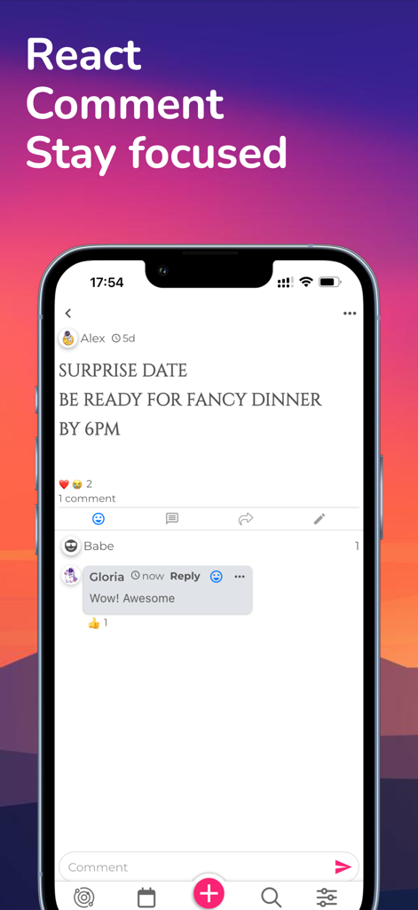 Glim: Social Space - iPhone display showing Glim Social Space app interface with comments and emoji reactions on a social post