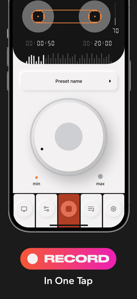 A minimalist recording interface of the Microphone app featuring a large control dial and a one-tap record button