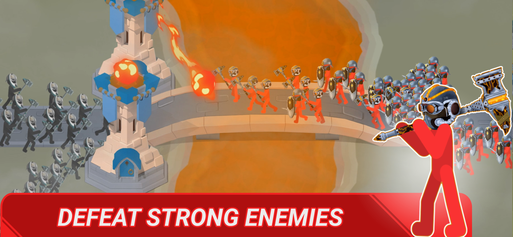 A stickman army engaging in a bridge battle with defensive towers and a large hero character in War of Sticks.