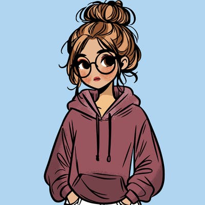 teen girl with a messy bun and glasses wearing a loose hoodie and jeans