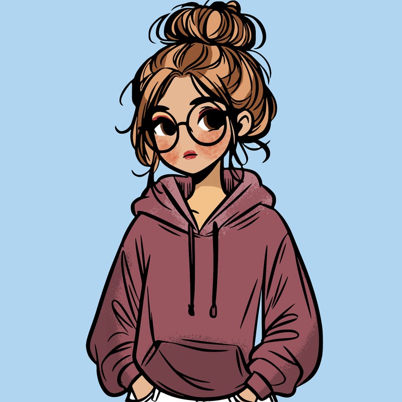 teen girl with a messy bun and glasses wearing a loose hoodie and jeans