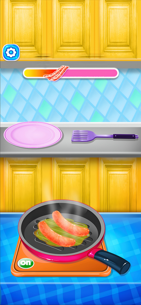 Una escena de cocina virtual que muestra dos salchichas friéndose en una sartén en una estufa colorida.