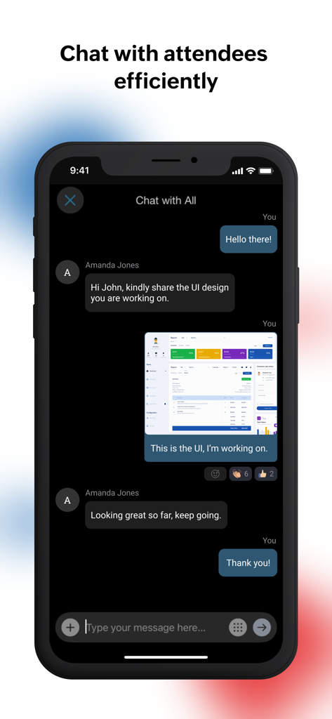 Zoho Webinar mobile app interface displaying a real-time chat between attendees and organizers.